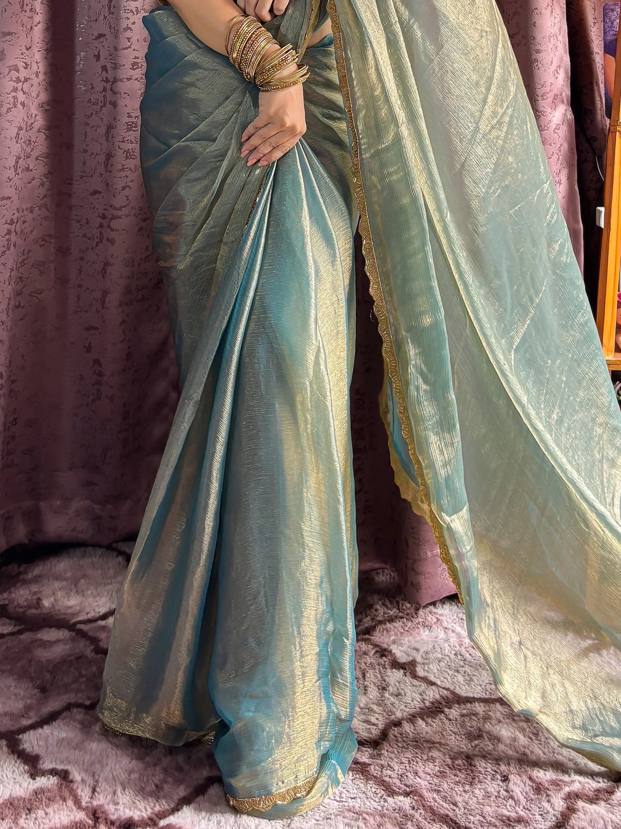 Contemporary Blue Soft Silk Beads Hand Work Saree With Blouse