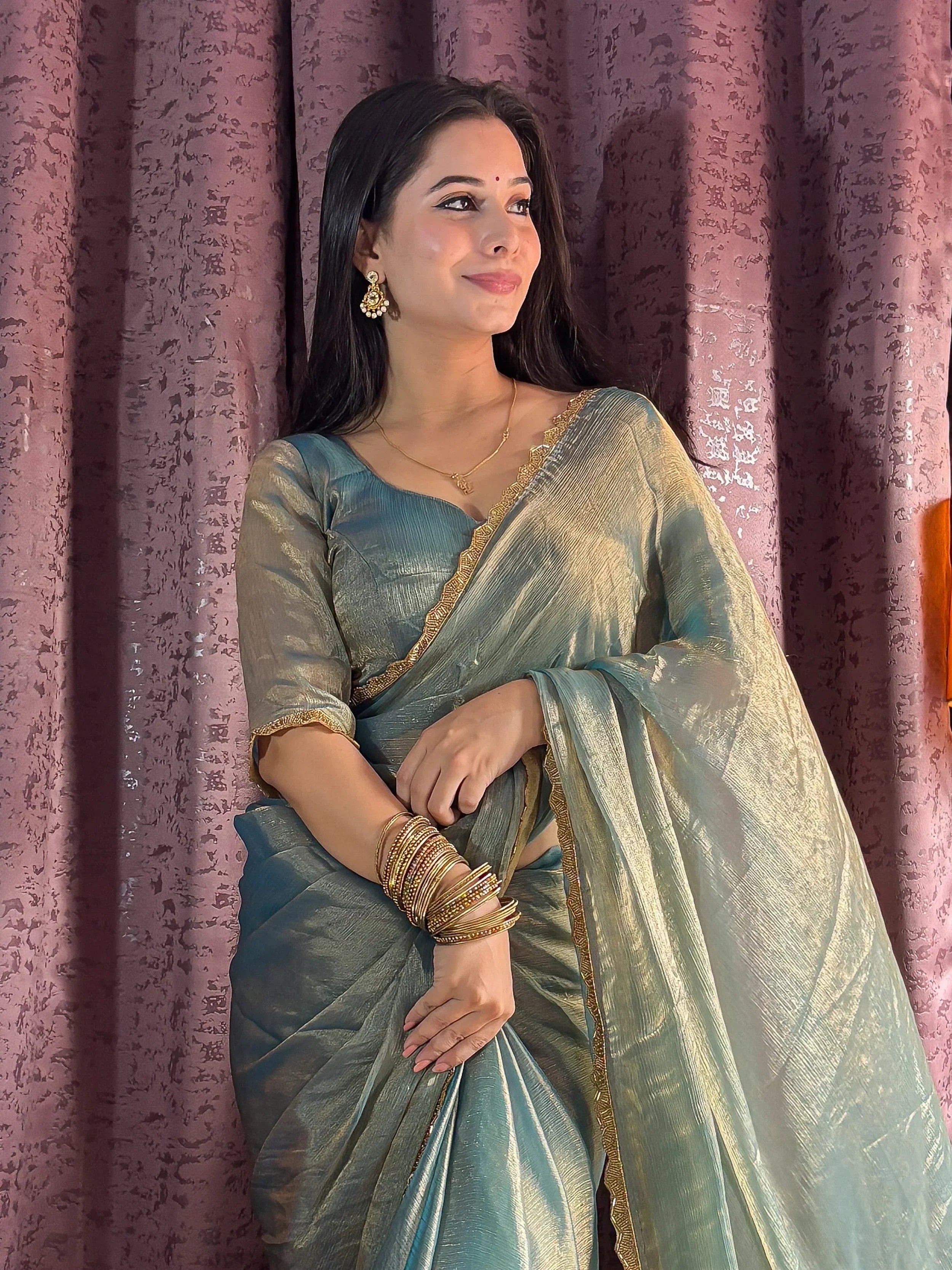 Contemporary Blue Soft Silk Beads Hand Work Saree With Blouse