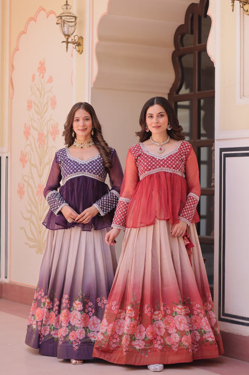 Cosmos Flower Print Lehenga Choli with Embroidered Chiffon Top