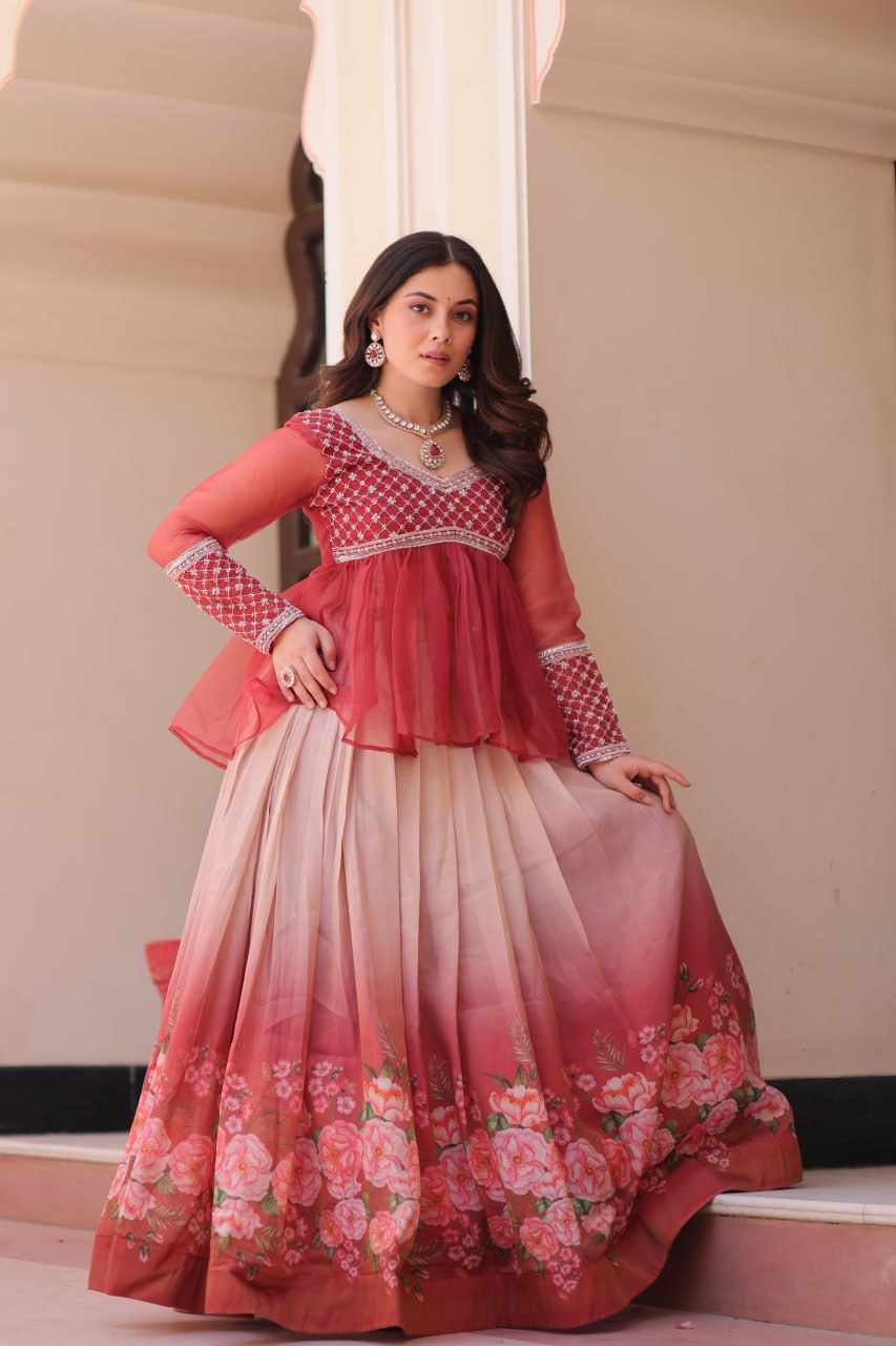 Cosmos Flower Print Lehenga Choli with Embroidered Chiffon Top