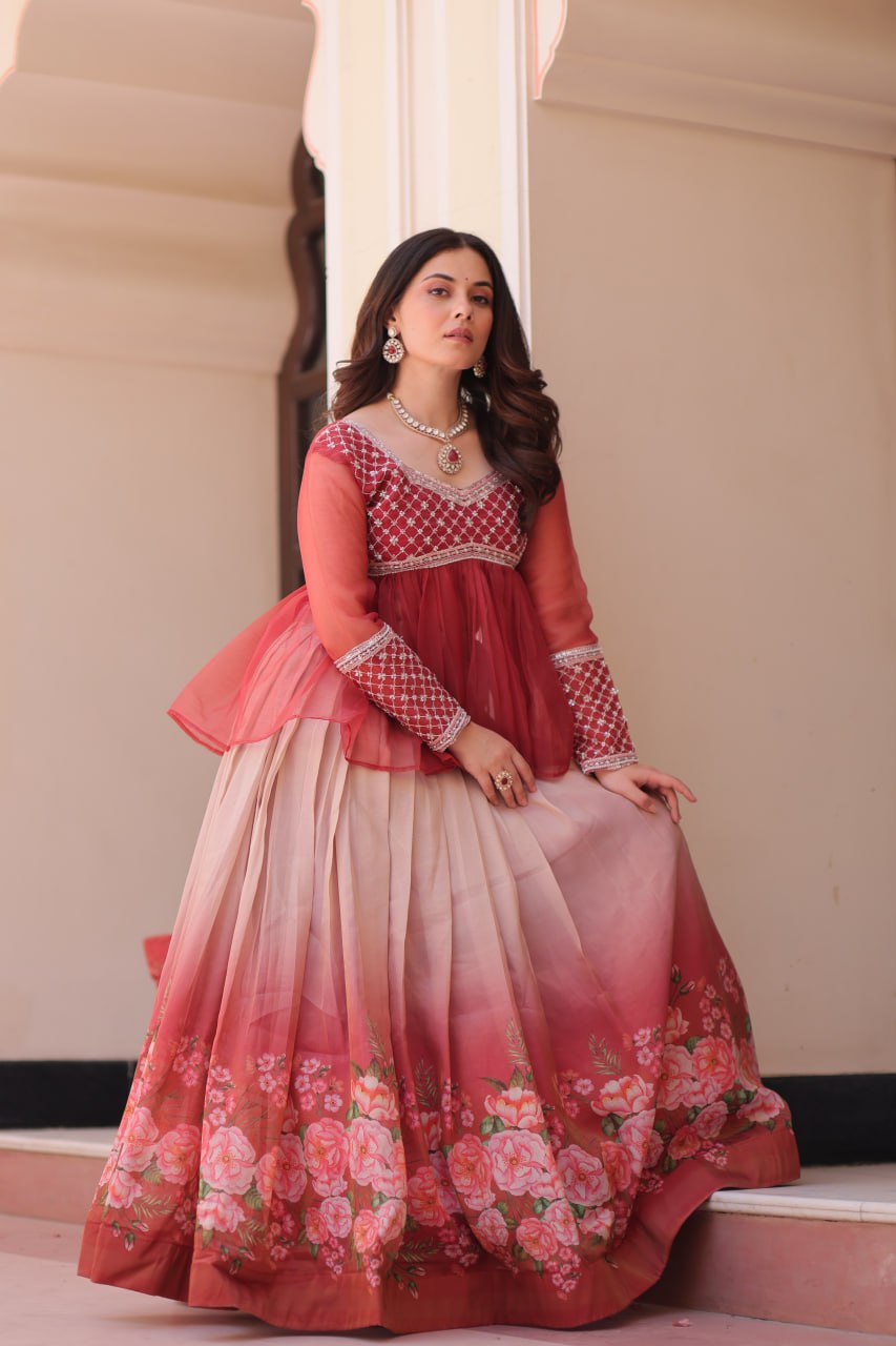 Cosmos Flower Print Lehenga Choli with Embroidered Chiffon Top
