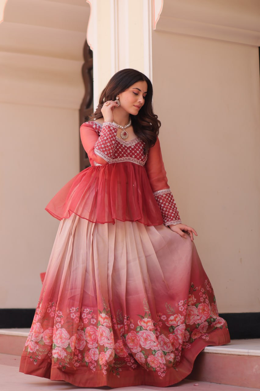 Cosmos Flower Print Lehenga Choli with Embroidered Chiffon Top