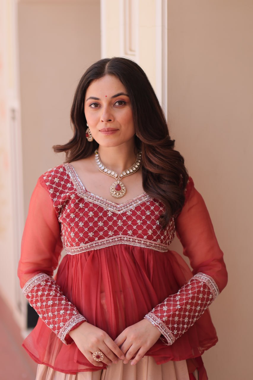 Cosmos Flower Print Lehenga Choli with Embroidered Chiffon Top