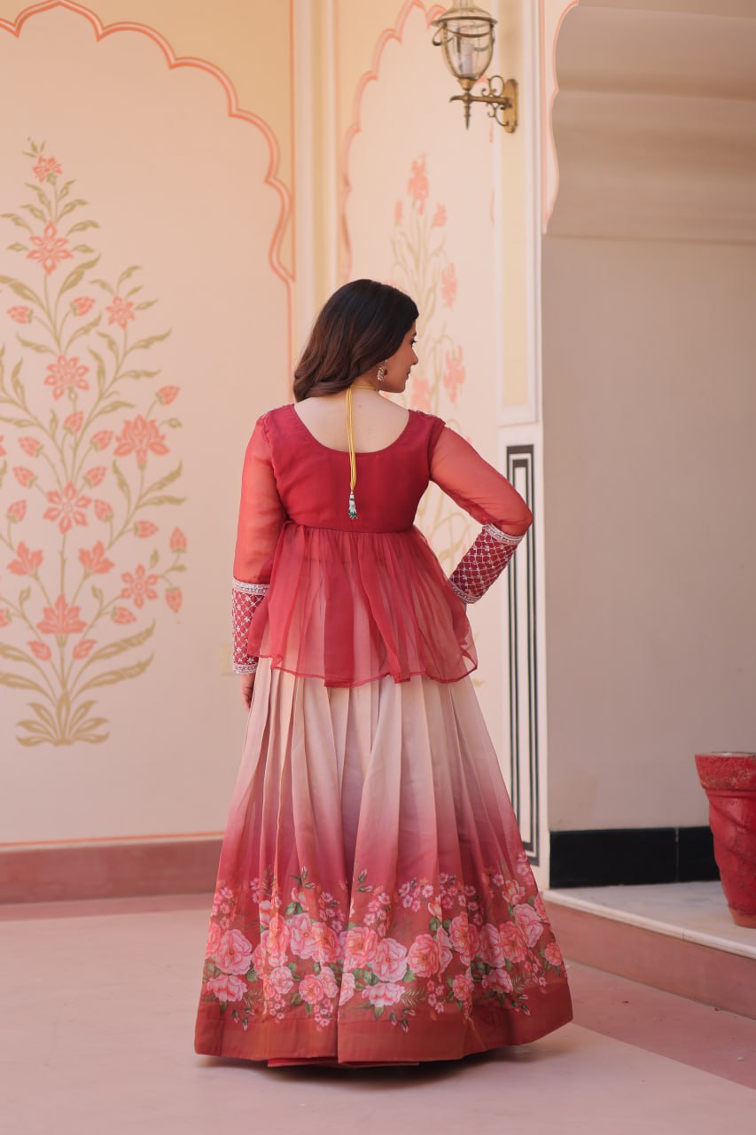 Cosmos Flower Print Lehenga Choli with Embroidered Chiffon Top