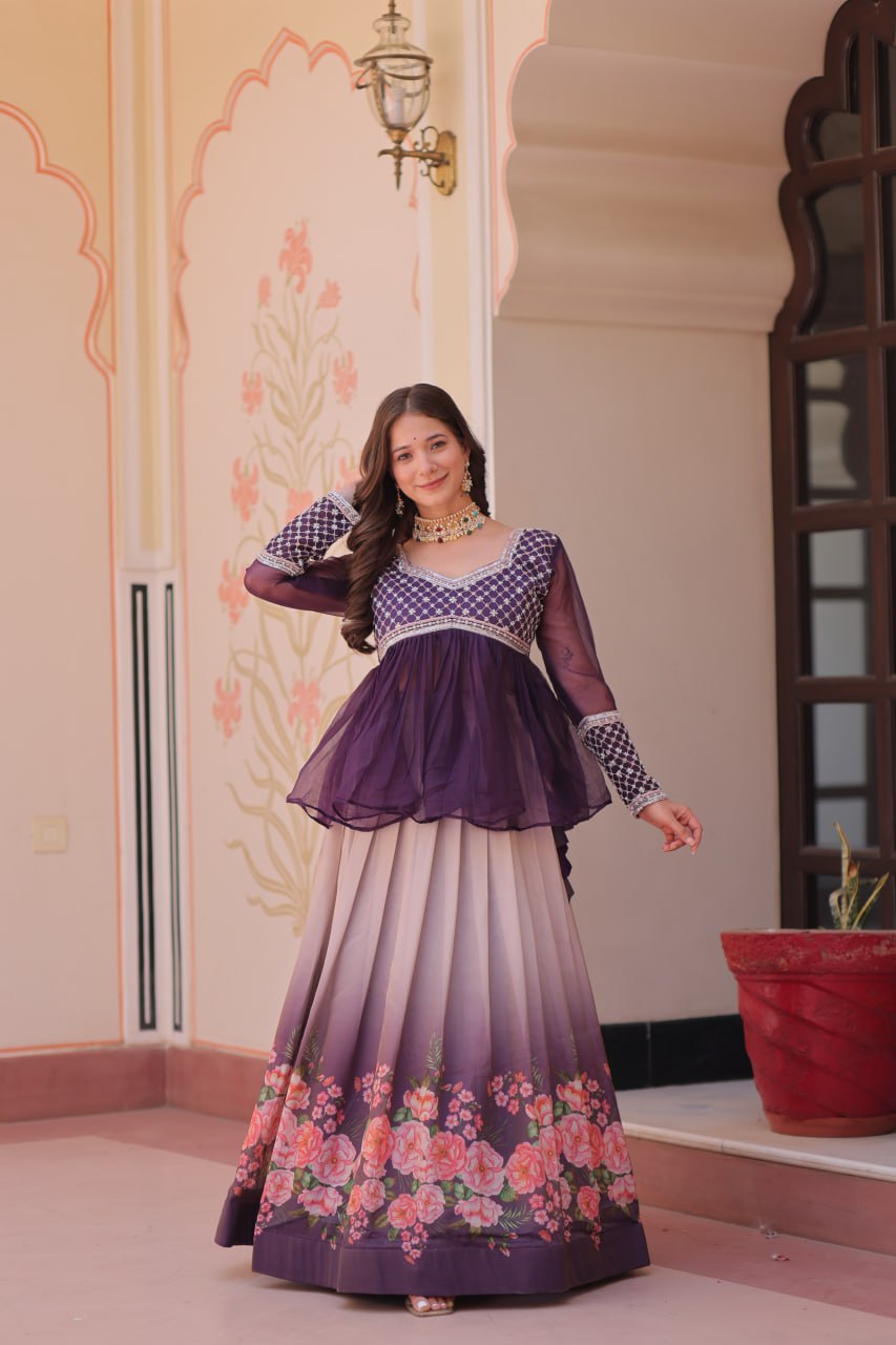 Cosmos Flower Print Lehenga Choli with Embroidered Chiffon Top