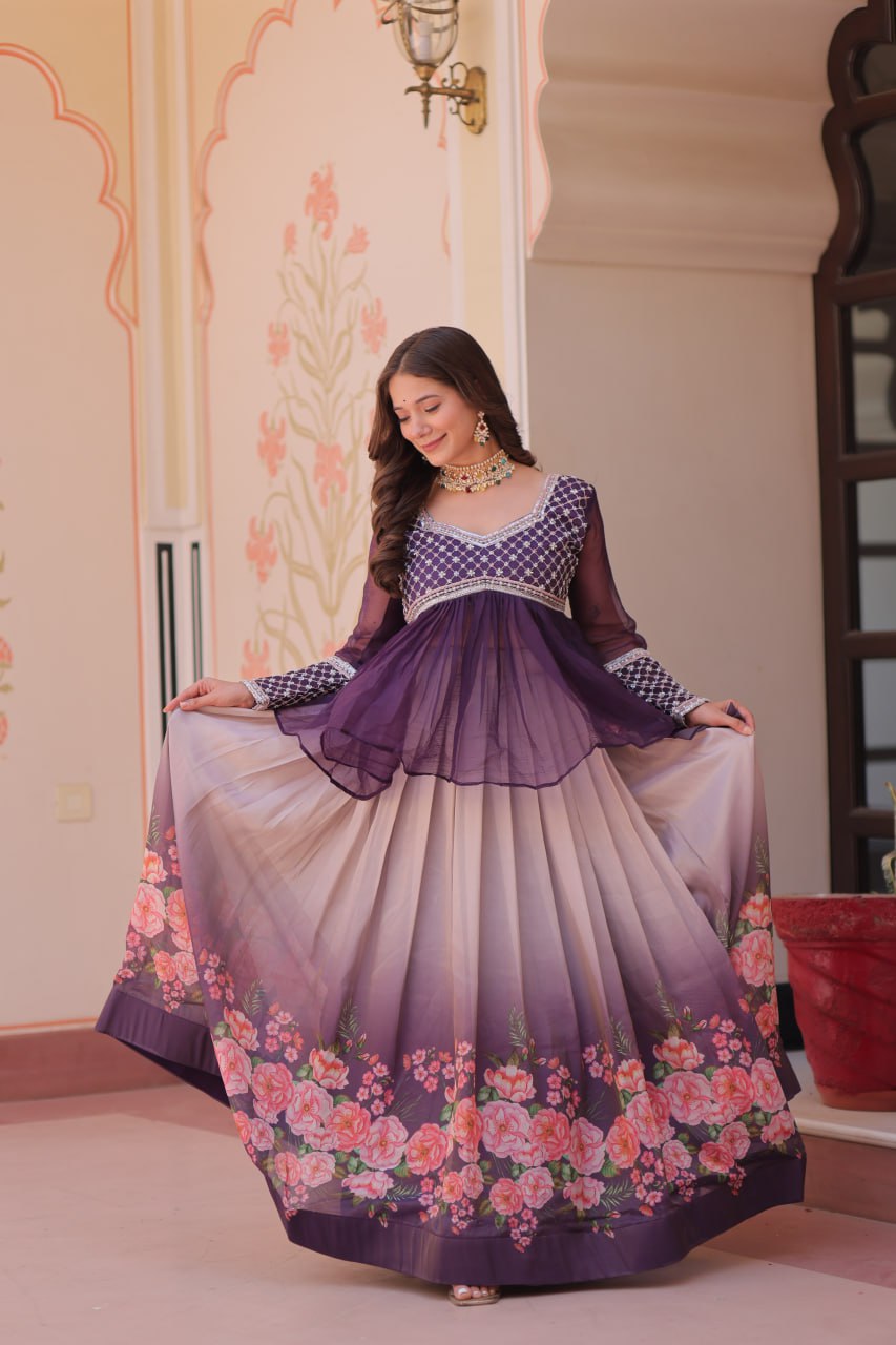 Cosmos Flower Print Lehenga Choli with Embroidered Chiffon Top