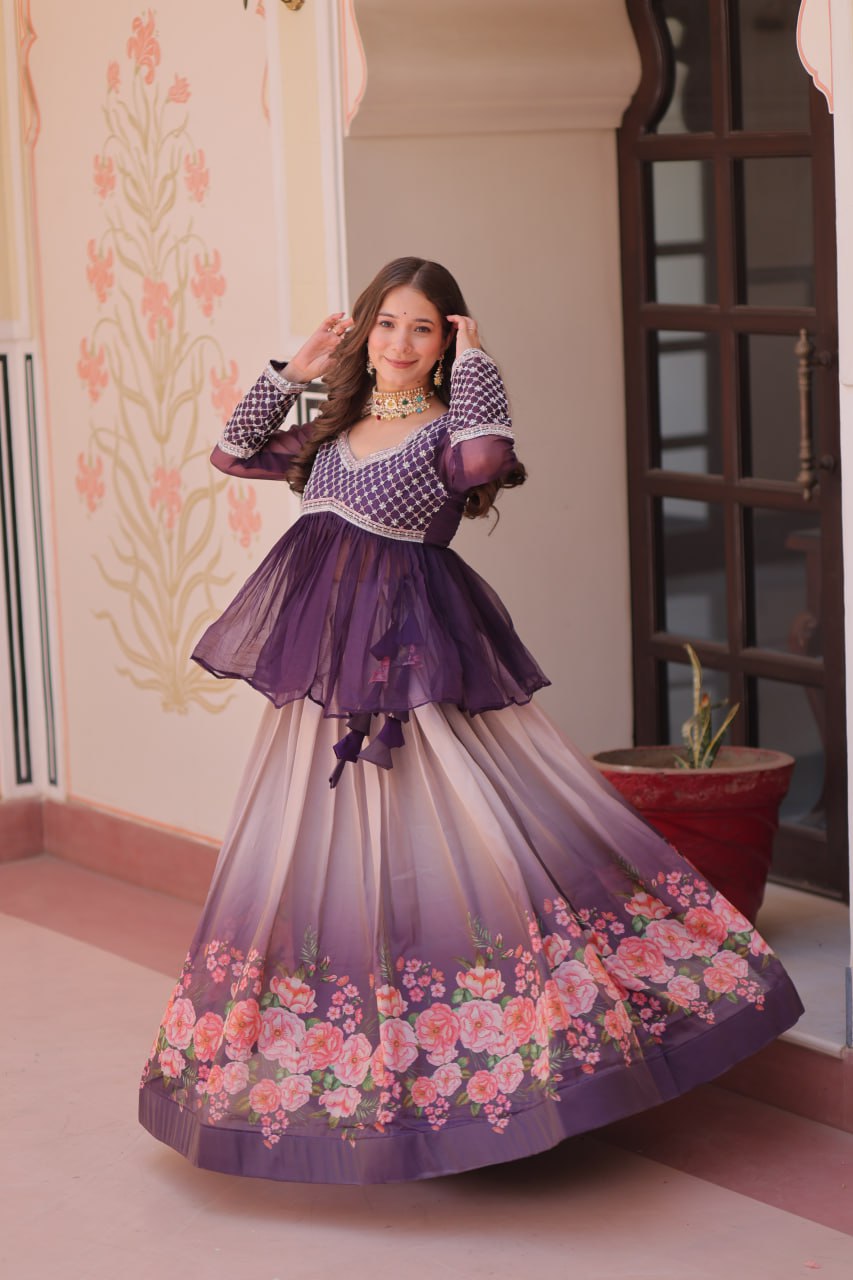 Cosmos Flower Print Lehenga Choli with Embroidered Chiffon Top