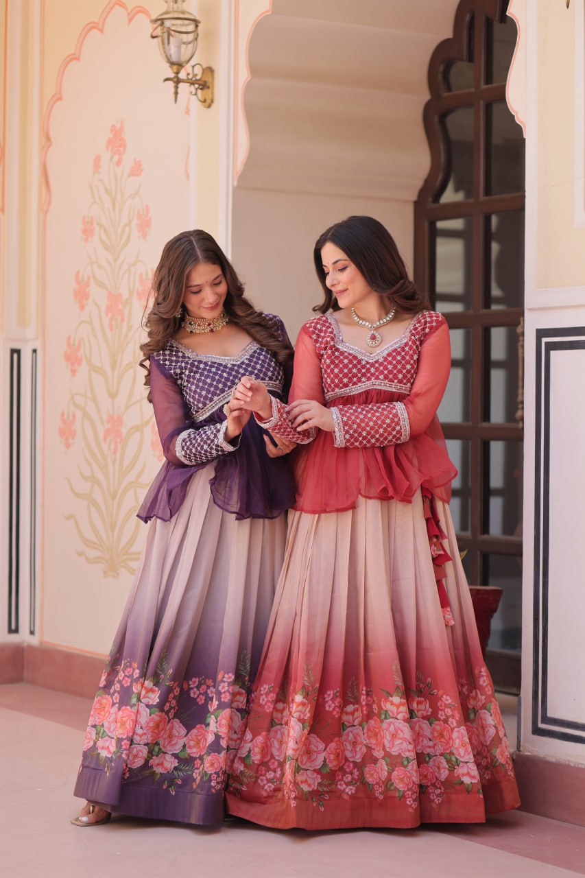 Cosmos Flower Print Lehenga Choli with Embroidered Chiffon Top