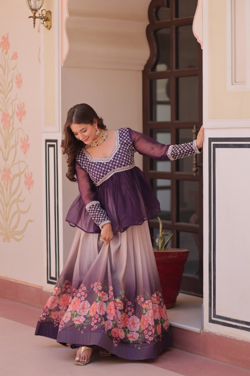 Cosmos Flower Print Lehenga Choli with Embroidered Chiffon Top