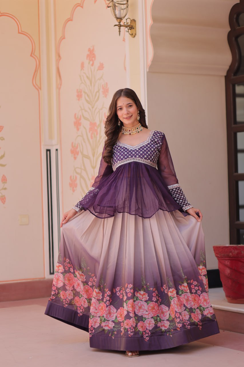 Cosmos Flower Print Lehenga Choli with Embroidered Chiffon Top