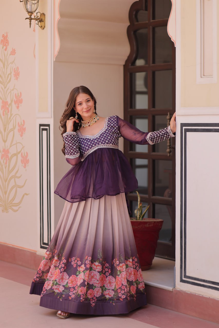 Cosmos Flower Print Lehenga Choli with Embroidered Chiffon Top