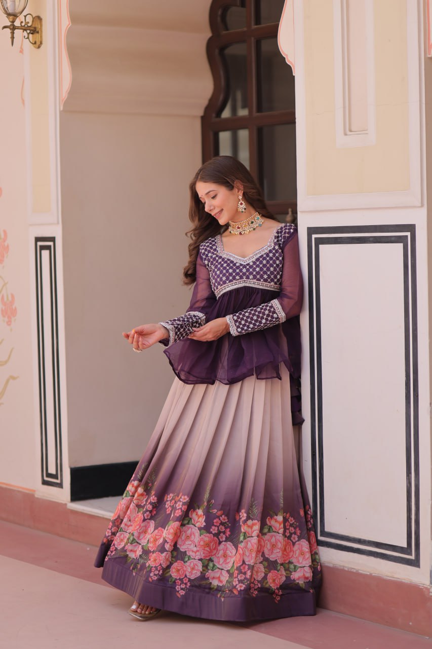 Cosmos Flower Print Lehenga Choli with Embroidered Chiffon Top