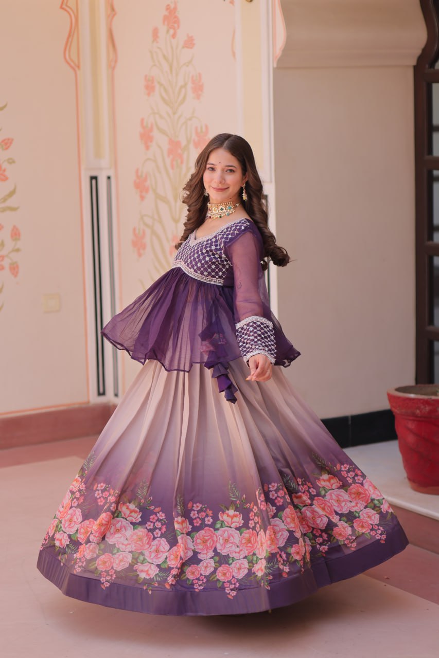 Cosmos Flower Print Lehenga Choli with Embroidered Chiffon Top