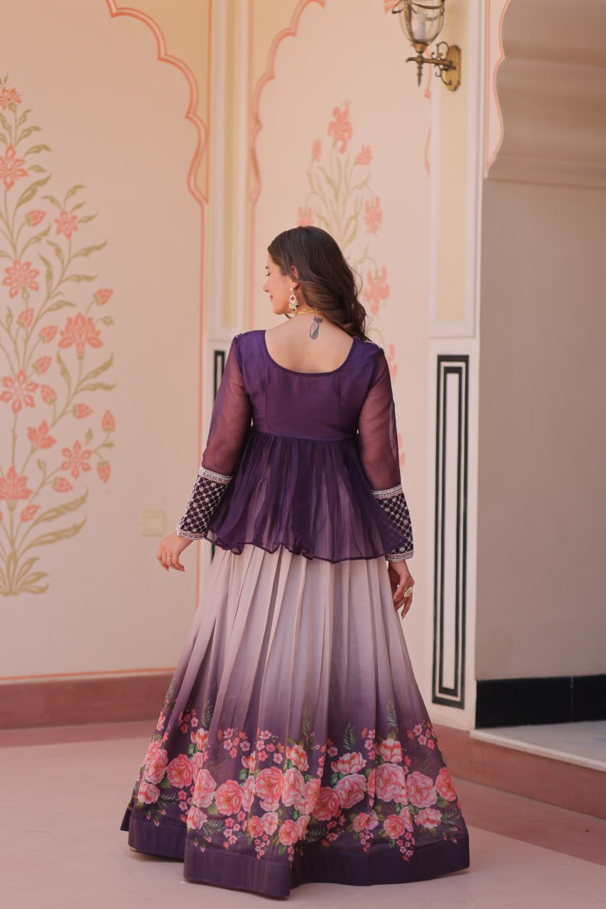 Cosmos Flower Print Lehenga Choli with Embroidered Chiffon Top