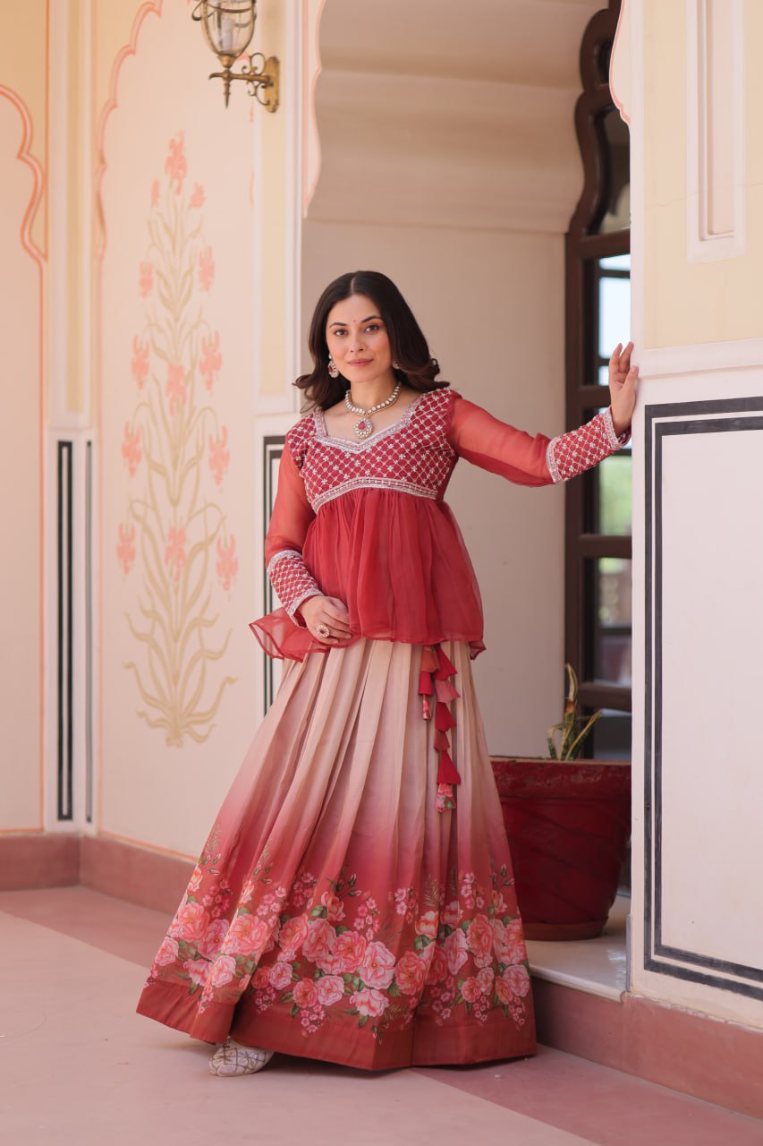 Cosmos Flower Print Lehenga Choli with Embroidered Chiffon Top