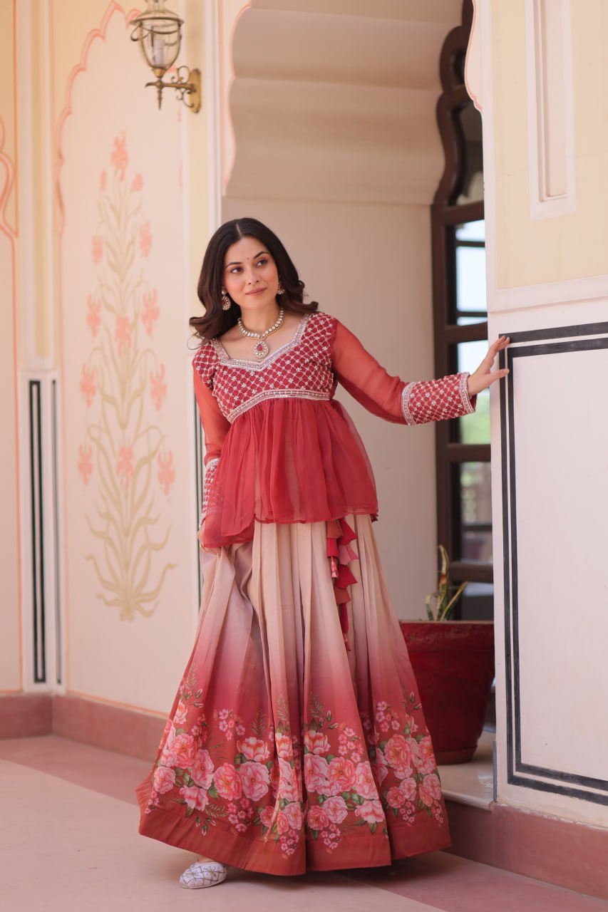 Cosmos Flower Print Lehenga Choli with Embroidered Chiffon Top