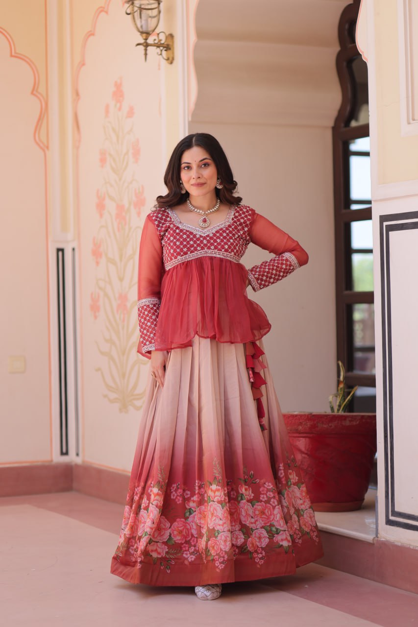 Cosmos Flower Print Lehenga Choli with Embroidered Chiffon Top