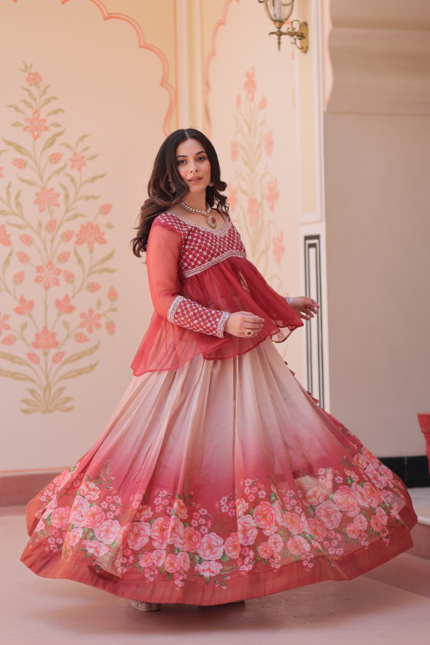 Cosmos Flower Print Lehenga Choli with Embroidered Chiffon Top