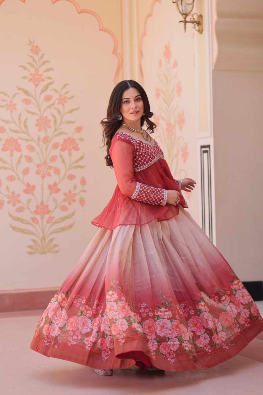 Cosmos Flower Print Lehenga Choli with Embroidered Chiffon Top