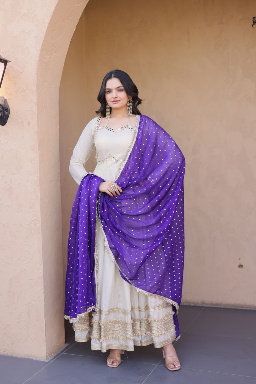 Cosmos Gown with Mirror Work and Moss Butti Dupatta