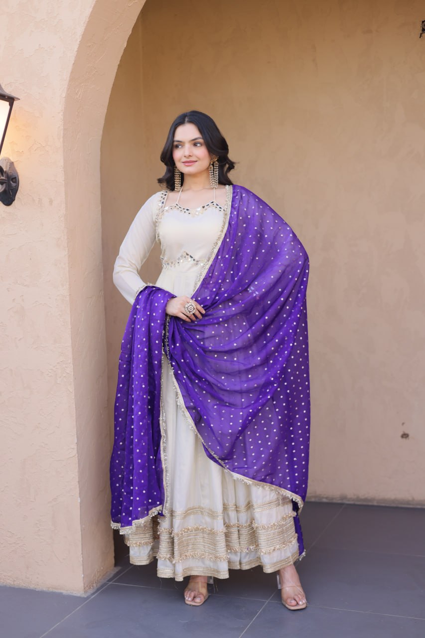 Cosmos Gown with Mirror Work and Moss Butti Dupatta
