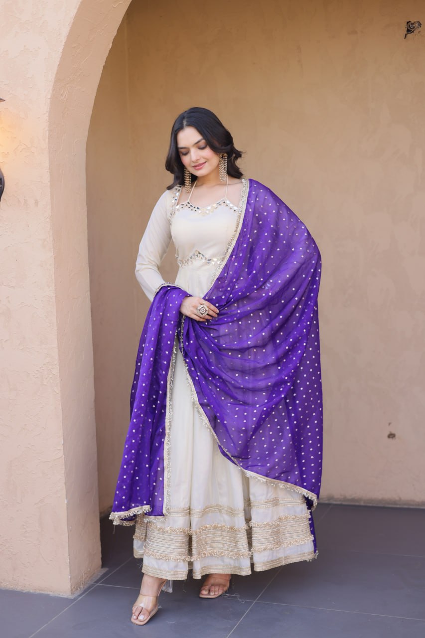 Cosmos Gown with Mirror Work and Moss Butti Dupatta