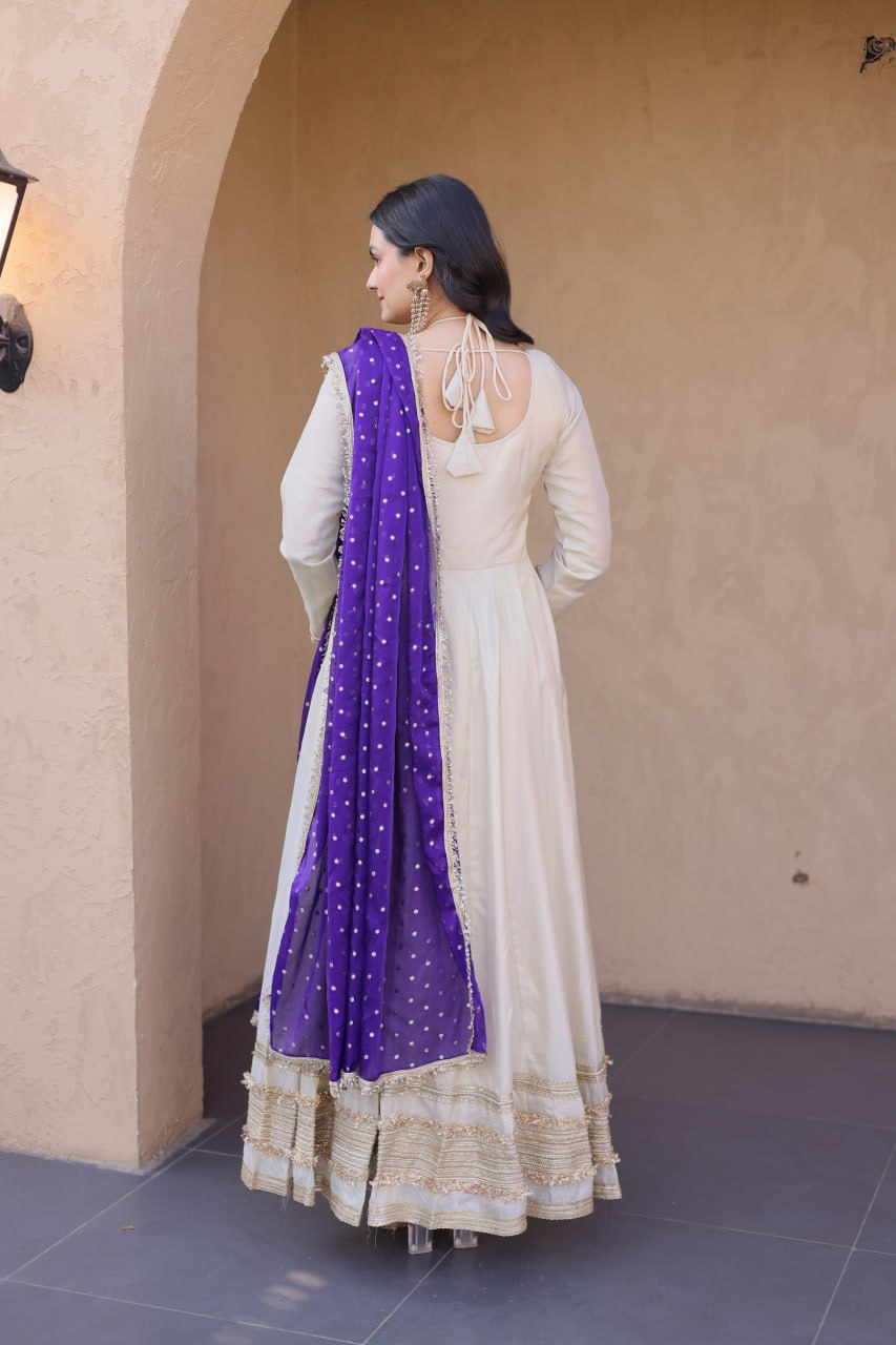 Cosmos Gown with Mirror Work and Moss Butti Dupatta