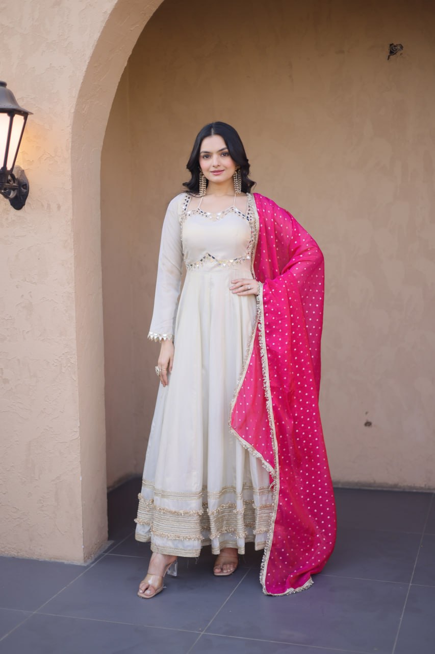 Cosmos Gown with Mirror Work and Moss Butti Dupatta