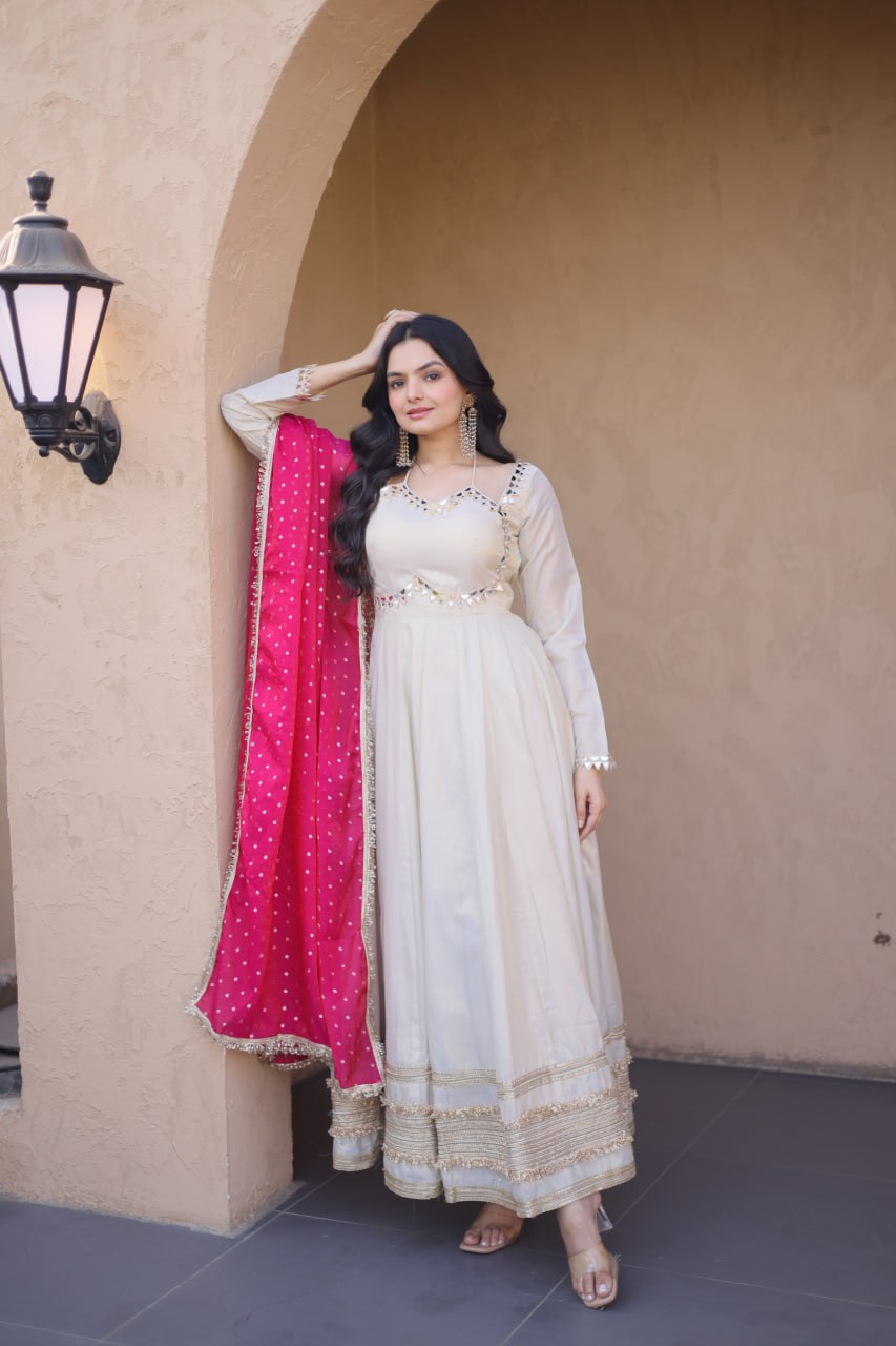 Cosmos Gown with Mirror Work and Moss Butti Dupatta