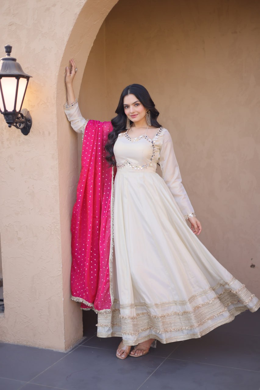 Cosmos Gown with Mirror Work and Moss Butti Dupatta