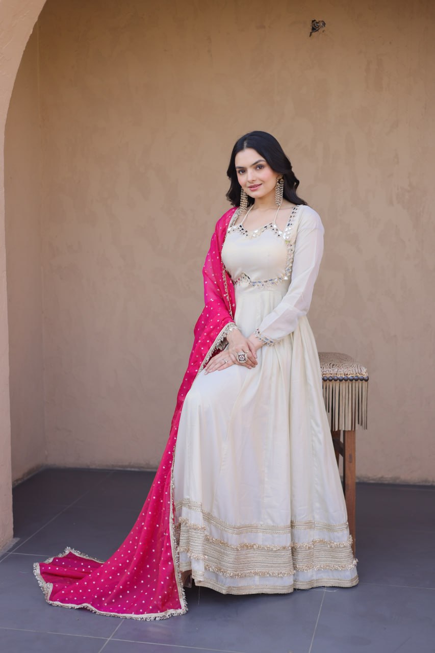 Cosmos Gown with Mirror Work and Moss Butti Dupatta