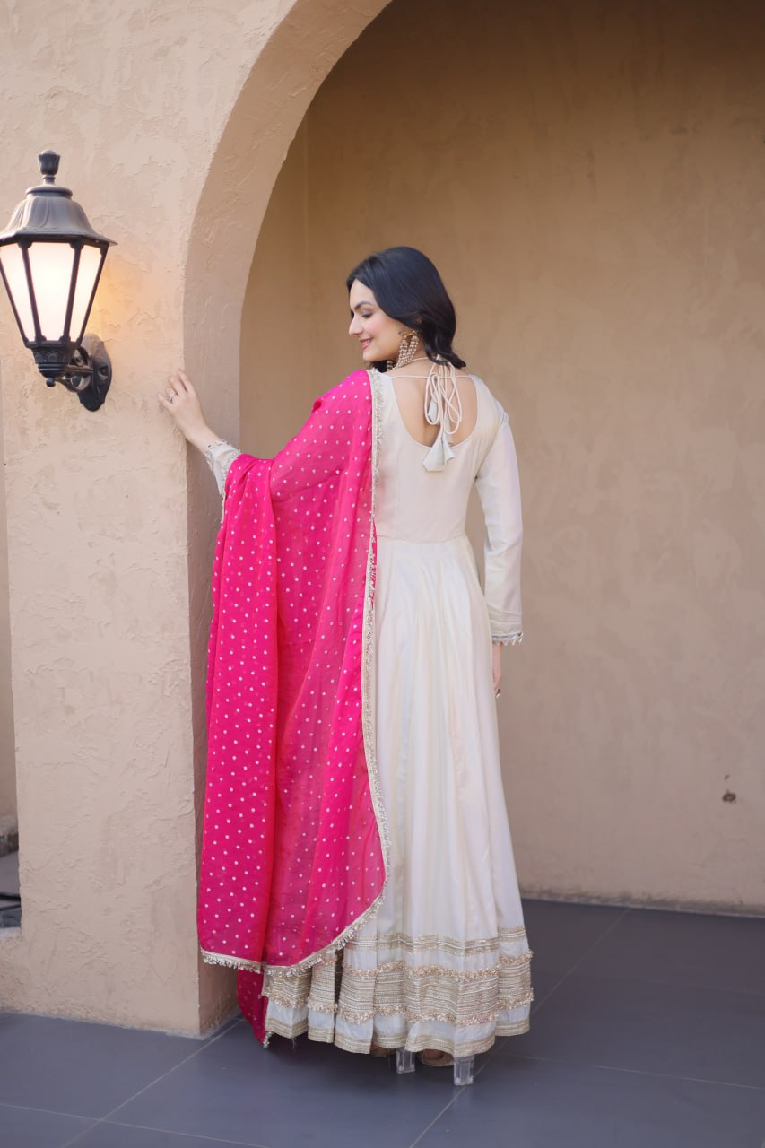 Cosmos Gown with Mirror Work and Moss Butti Dupatta