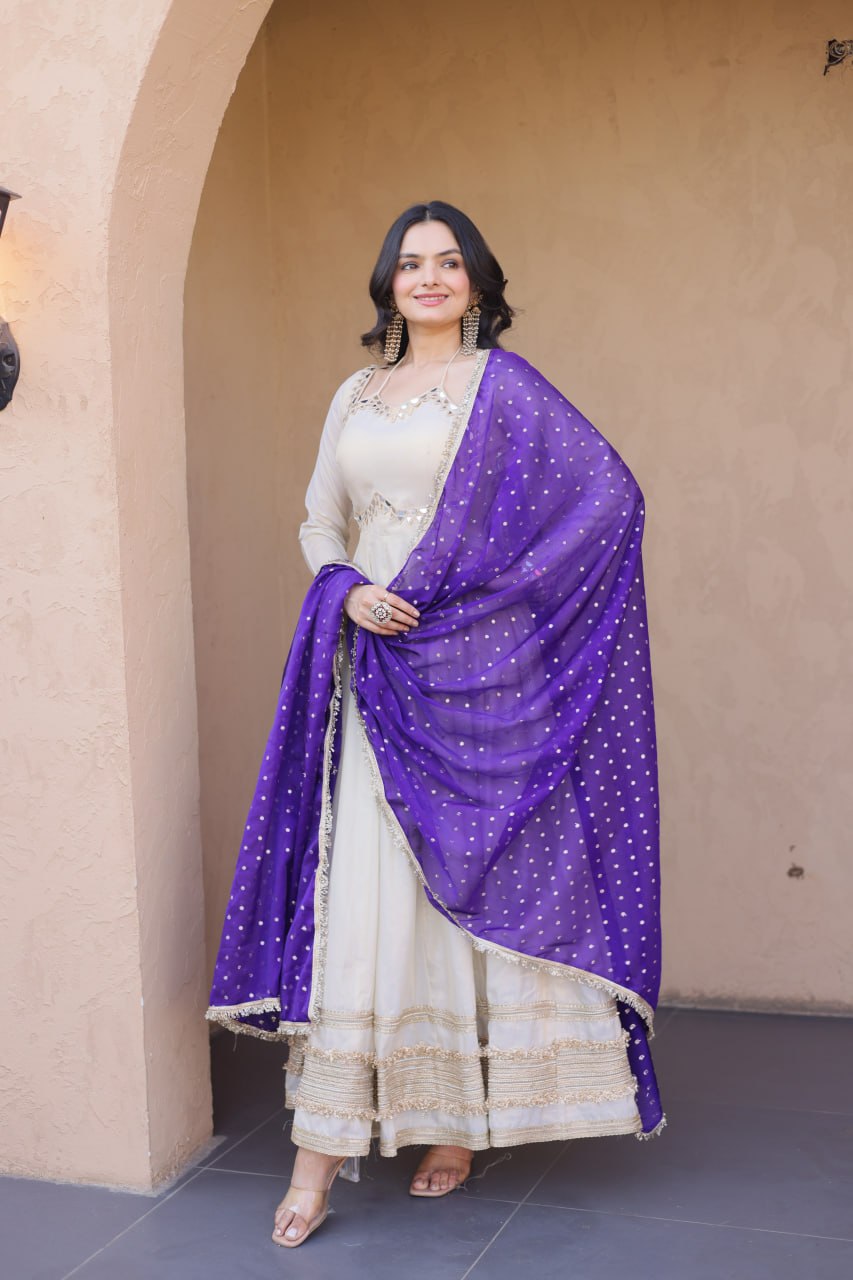 Cosmos Gown with Mirror Work and Moss Butti Dupatta