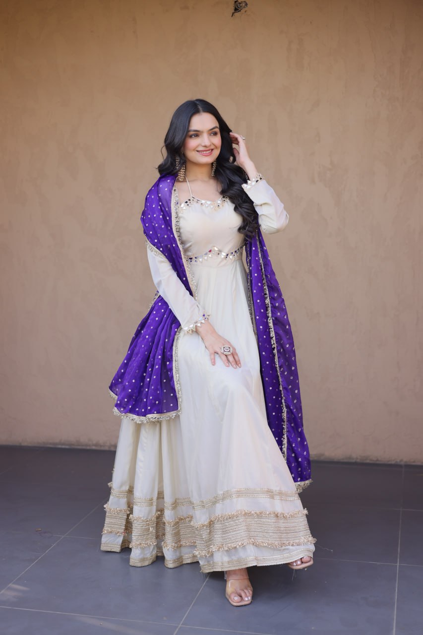 Cosmos Gown with Mirror Work and Moss Butti Dupatta
