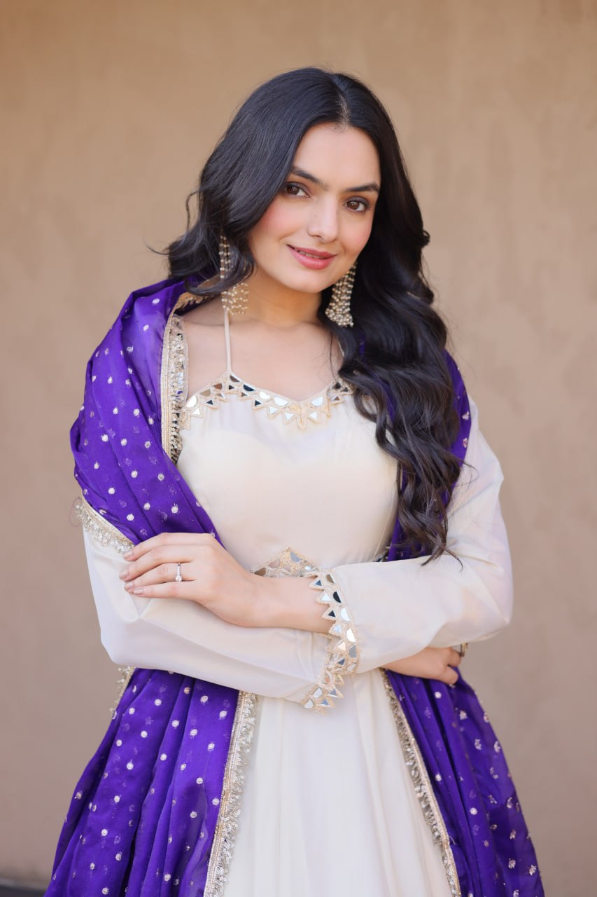 Cosmos Gown with Mirror Work and Moss Butti Dupatta
