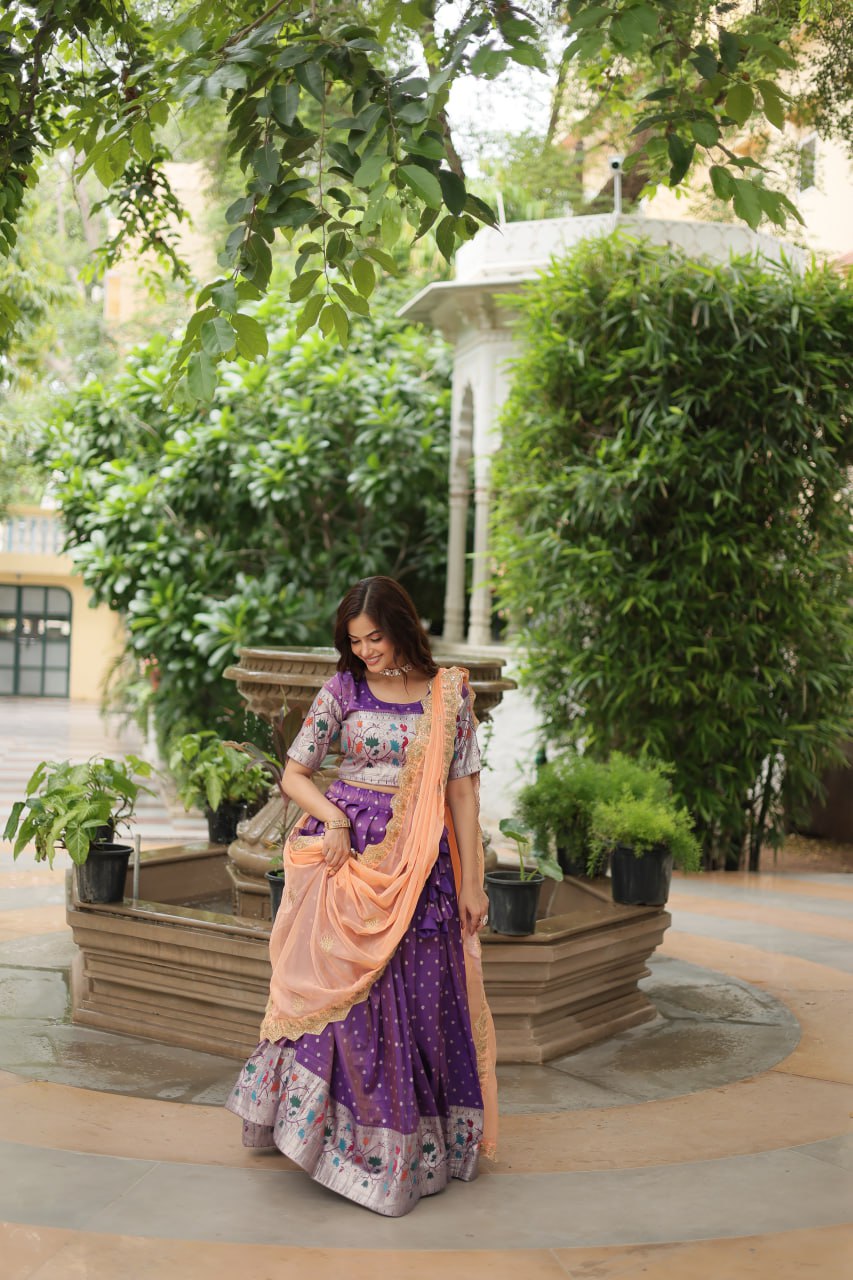 Cosmos Jequard Lehenga Choli with Russian Silk Embroidered Dupatta