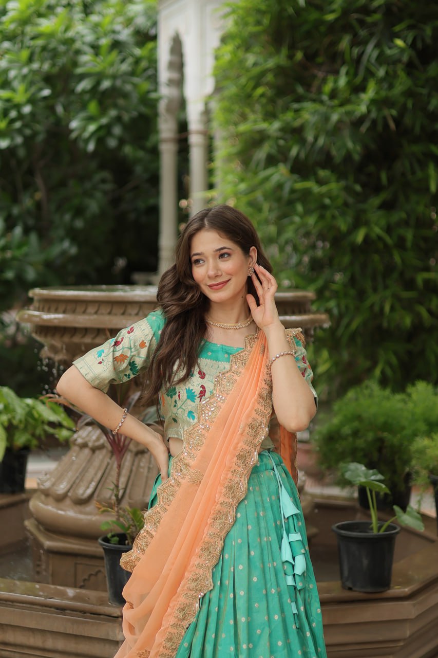 Cosmos Jequard Lehenga Choli with Russian Silk Embroidered Dupatta