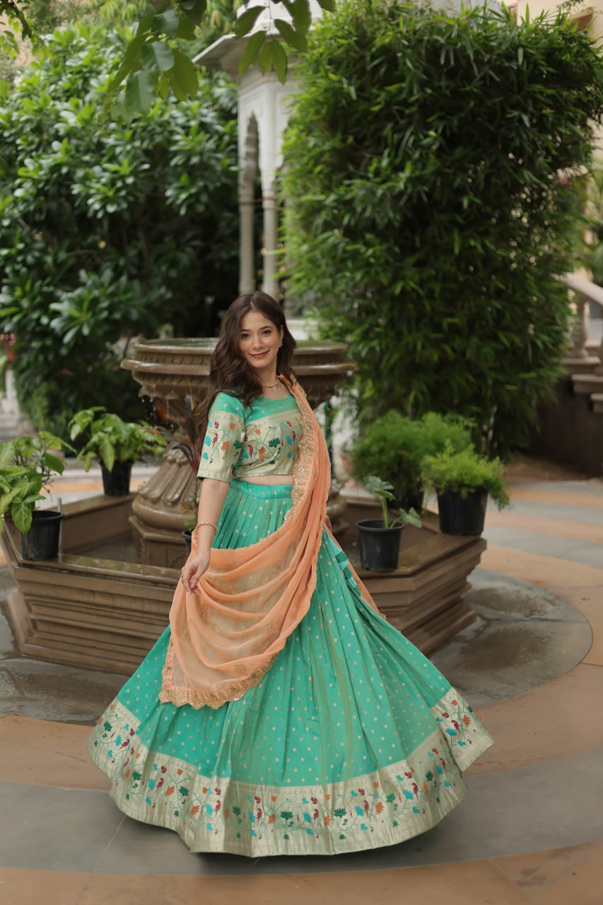 Cosmos Jequard Lehenga Choli with Russian Silk Embroidered Dupatta