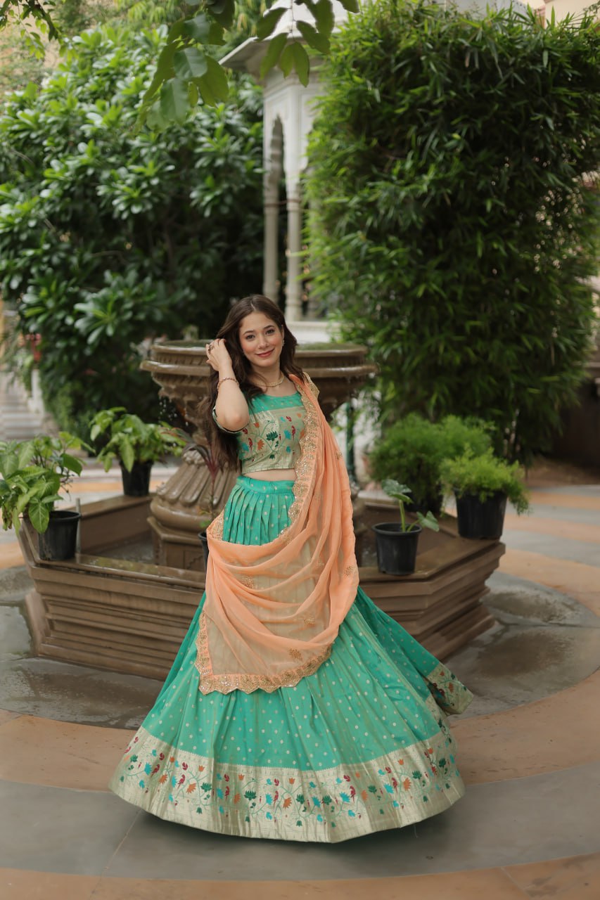 Cosmos Jequard Lehenga Choli with Russian Silk Embroidered Dupatta