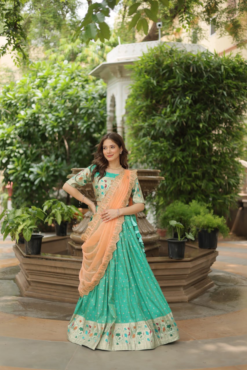 Cosmos Jequard Lehenga Choli with Russian Silk Embroidered Dupatta