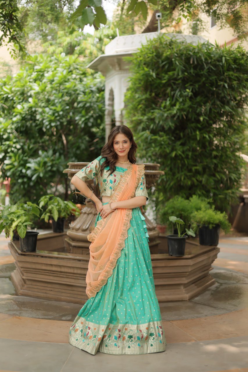 Cosmos Jequard Lehenga Choli with Russian Silk Embroidered Dupatta