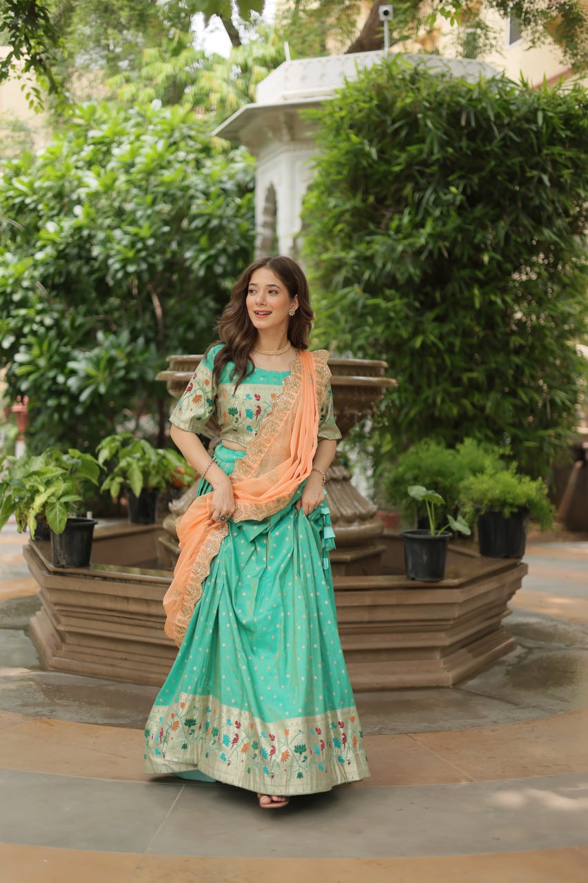 Cosmos Jequard Lehenga Choli with Russian Silk Embroidered Dupatta