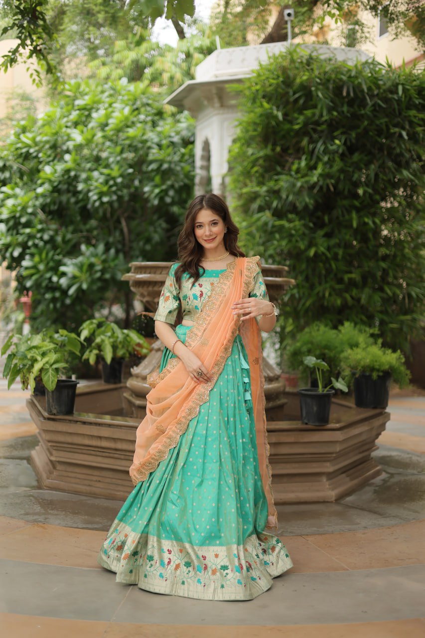 Cosmos Jequard Lehenga Choli with Russian Silk Embroidered Dupatta