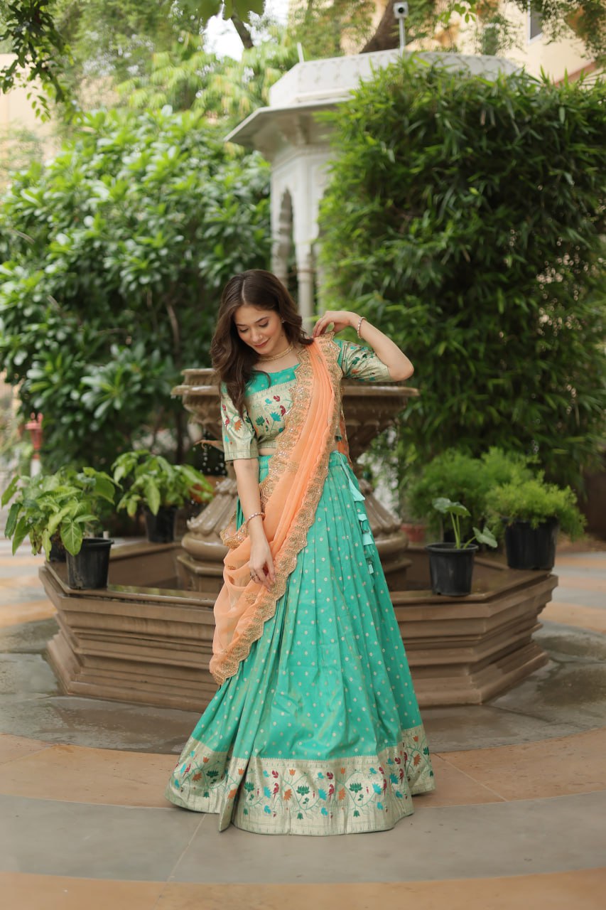Cosmos Jequard Lehenga Choli with Russian Silk Embroidered Dupatta