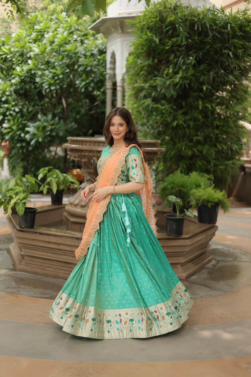 Cosmos Jequard Lehenga Choli with Russian Silk Embroidered Dupatta