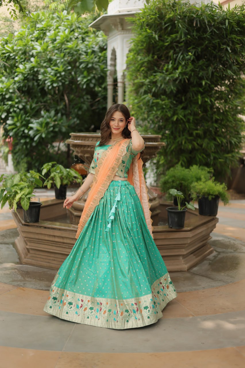Cosmos Jequard Lehenga Choli with Russian Silk Embroidered Dupatta