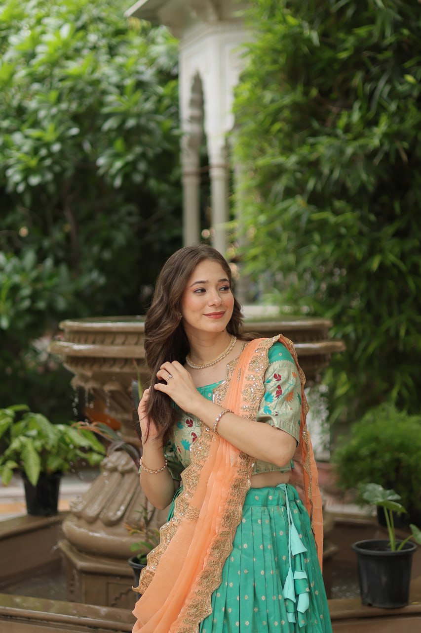 Cosmos Jequard Lehenga Choli with Russian Silk Embroidered Dupatta