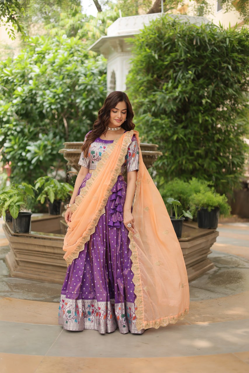 Cosmos Jequard Lehenga Choli with Russian Silk Embroidered Dupatta