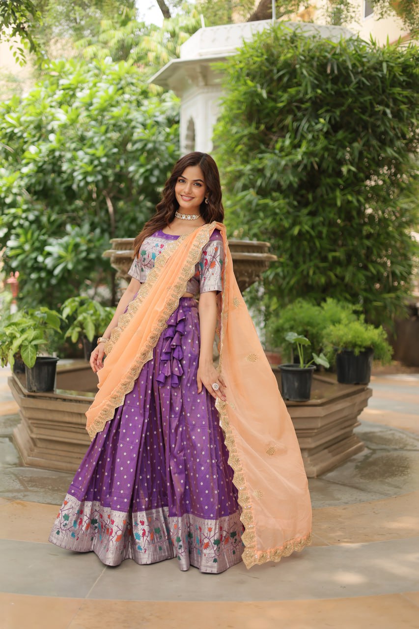 Cosmos Jequard Lehenga Choli with Russian Silk Embroidered Dupatta