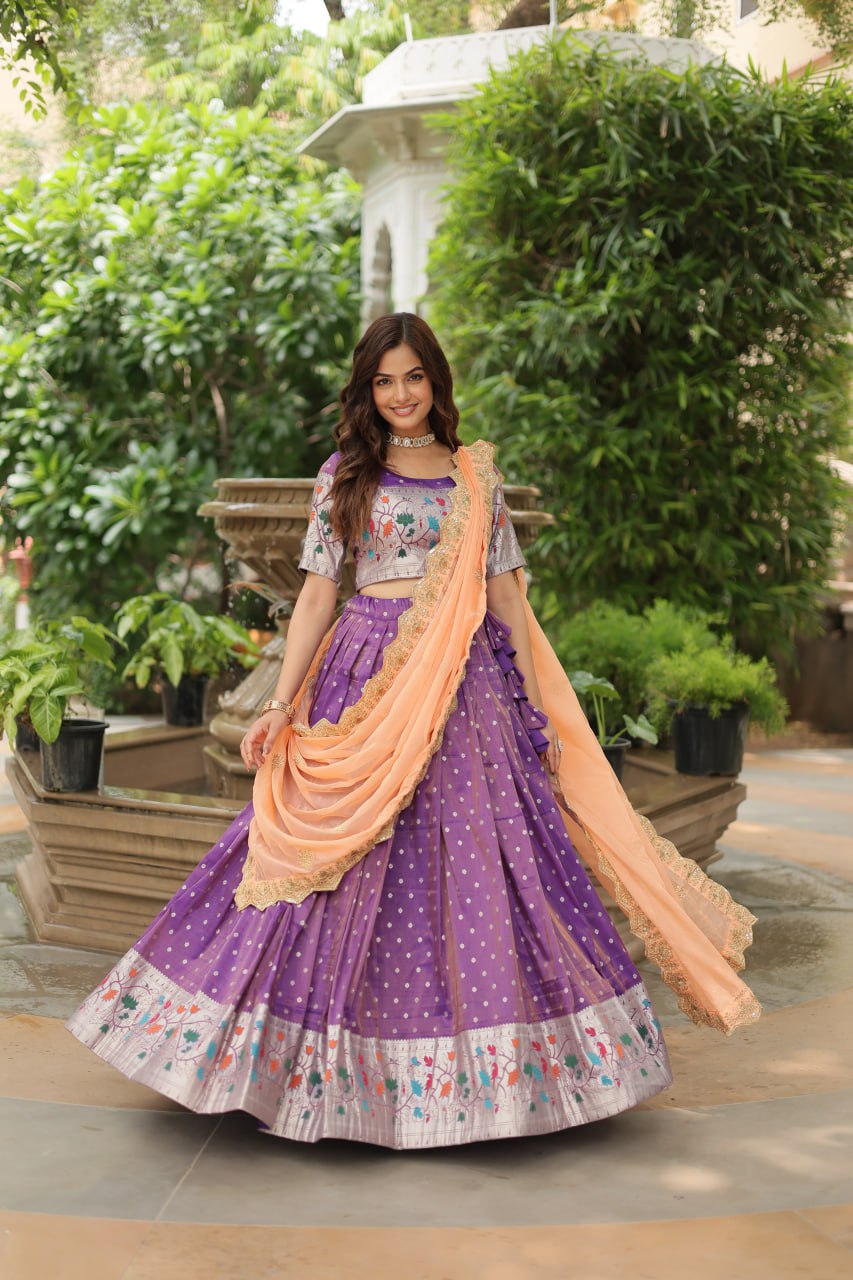 Cosmos Jequard Lehenga Choli with Russian Silk Embroidered Dupatta